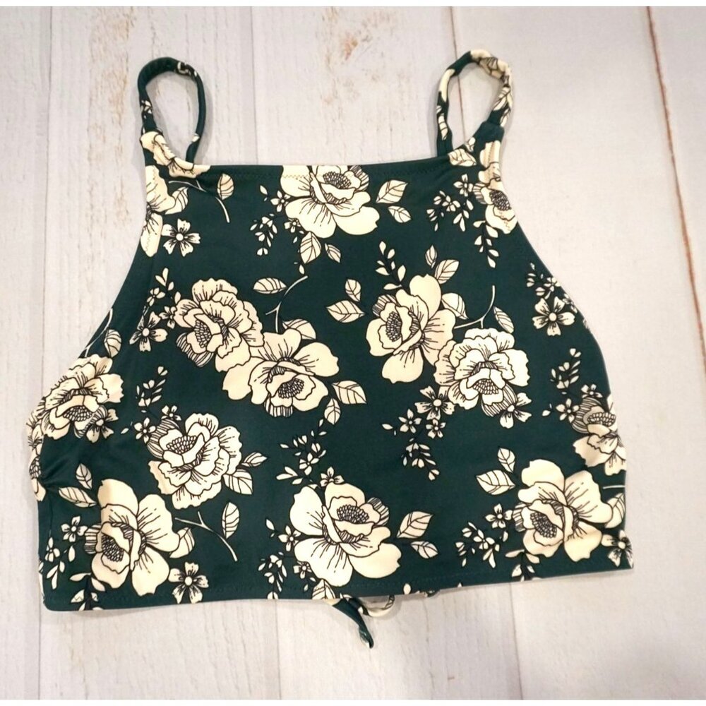 Adore Me High Neck Cross Back Bikini Top Swimwear Green Floral - Size M